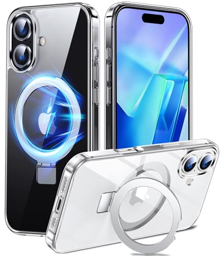 Chicfun 3-in-1 MagStänder iPhone 16 Hülle mit Ständer Ringhalter für MagSafe [Nr. 1 Magnetkraft+Handlicher Ständer+Militär Stoßfest] Schutzhülle Handyhülle iPhone 16 Phone Case Klar Durchsichtig von Chicfun