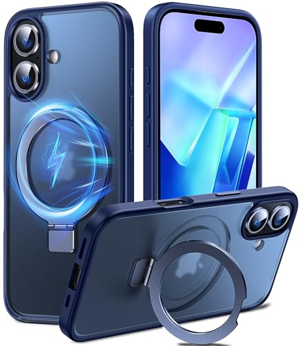 Chicfun 3-in-1 MagStänder iPhone 16 Hülle mit Ständer Ringhalter für MagSafe [Nr. 1 Magnetkraft+Handlicher Ständer+Militär Stoßfest] Schutzhülle Handyhülle iPhone 16 Phone Case Matt Blau von Chicfun