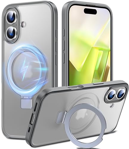 Chicfun 3-in-1 MagStänder iPhone 16 Hülle mit Ständer Ringhalter für MagSafe [Nr. 1 Magnetkraft+Handlicher Ständer+Militär Stoßfest] Schutzhülle Handyhülle iPhone 16 Phone Case Matt Grau von Chicfun