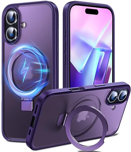 Chicfun 3-in-1 MagStänder iPhone 16 Hülle mit Ständer Ringhalter für MagSafe [Nr. 1 Magnetkraft+Handlicher Ständer+Militär Stoßfest] Schutzhülle Handyhülle iPhone 16 Phone Case Matt Violett von Chicfun