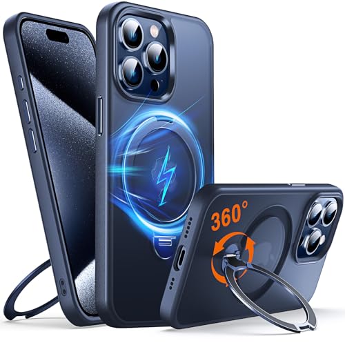 Chicfun 360° O-Ring MagStänder iPhone 15 Pro Hülle mit Ständer Ringhalter für MagSafe [360°Drehung Ständer+Militär Stoßfest] Schutzhülle Magnetring Handyhülle iPhone 15 Pro Phone Case Blau von Chicfun
