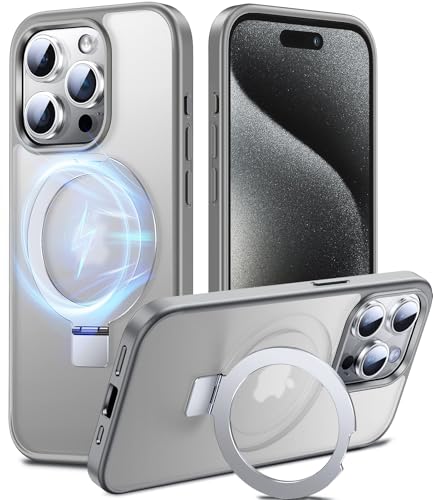 Chicfun Magnetisch Ständer für iPhone 15 Pro Max Hülle für MagSafe [Nr.1Magnetkraft+Handlicher Ständer+Militär Stoßfest] Schutzhülle Handyhülle iPhone 15 Pro Max Case Cover Silikon Bumper Grau von Chicfun