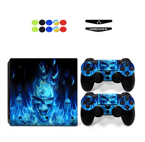 Skin for PS4 Pro, Chickwin Skin Design Folie Aufkleber Sticker schützende Haut Schale für Sony Playstation 4 Pro Konsole und 2 Dualshock Controller+ 10 pc Silikon Thumb Grips + 2pc zufällig Light Bar (Schädel Blau Feuer) von Chickwin