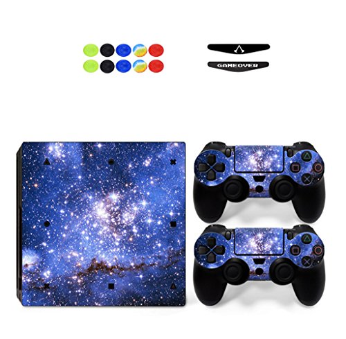 Skin for PS4 Pro, Chickwin Skin Design Folie Aufkleber Sticker schützende Haut Schale für Sony Playstation 4 Pro Konsole und 2 Dualshock Controller+ 10 pc Silikon Thumb Grips + 2pc zufällig Light Bar (Sternenklar Blau) von Chickwin