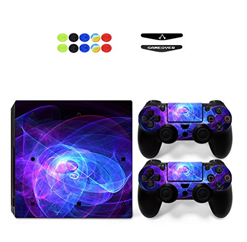 Skin for PS4 Pro, Chickwin Skin Design Folie Aufkleber Sticker schützende Haut Schale für Sony Playstation 4 Pro Konsole und 2 Dualshock Controller+ 10 pc Silikon Thumb Grips + 2pc zufällig Light Bar (Spulen Lila) von Chickwin