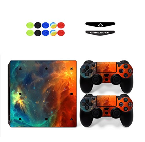 Skin for PS4 Pro, Chickwin Skin Design Folie Aufkleber Sticker schützende Haut Schale für Sony Playstation 4 Pro Konsole und 2 Dualshock Controller+ 10 pc Silikon Thumb Grips + 2pc zufällig Light Bar (Sternenklar Orange) von Chickwin