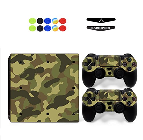 Skin for PS4 Pro, Chickwin Skin Design Folie Aufkleber Sticker schützende Haut Schale für Sony Playstation 4 Pro Konsole und 2 Dualshock Controller+ 10 pc Silikon Thumb Grips + 2pc zufällig Light Bar (Armee Grün) von Chickwin