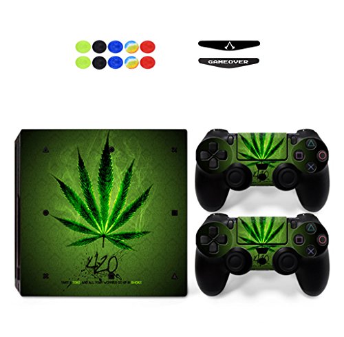 Skin for PS4 Pro, Chickwin Skin Design Folie Aufkleber Sticker schützende Haut Schale für Sony Playstation 4 Pro Konsole und 2 Dualshock Controller+ 10 pc Silikon Thumb Grips + 2pc zufällig Light Bar (Blatt Grün) von Chickwin