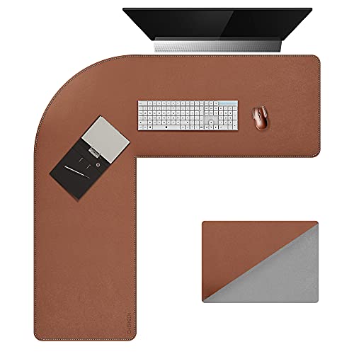 Chihein L-förmiger Schreibtisch PU-Leder Mauspad, Eckschreibtisch Schreibtischunterlage, Großer Doppelseitige Wasserdichte Bürotisch Unterlage (115+145) x40CM(Braun/Grau) von Chihein