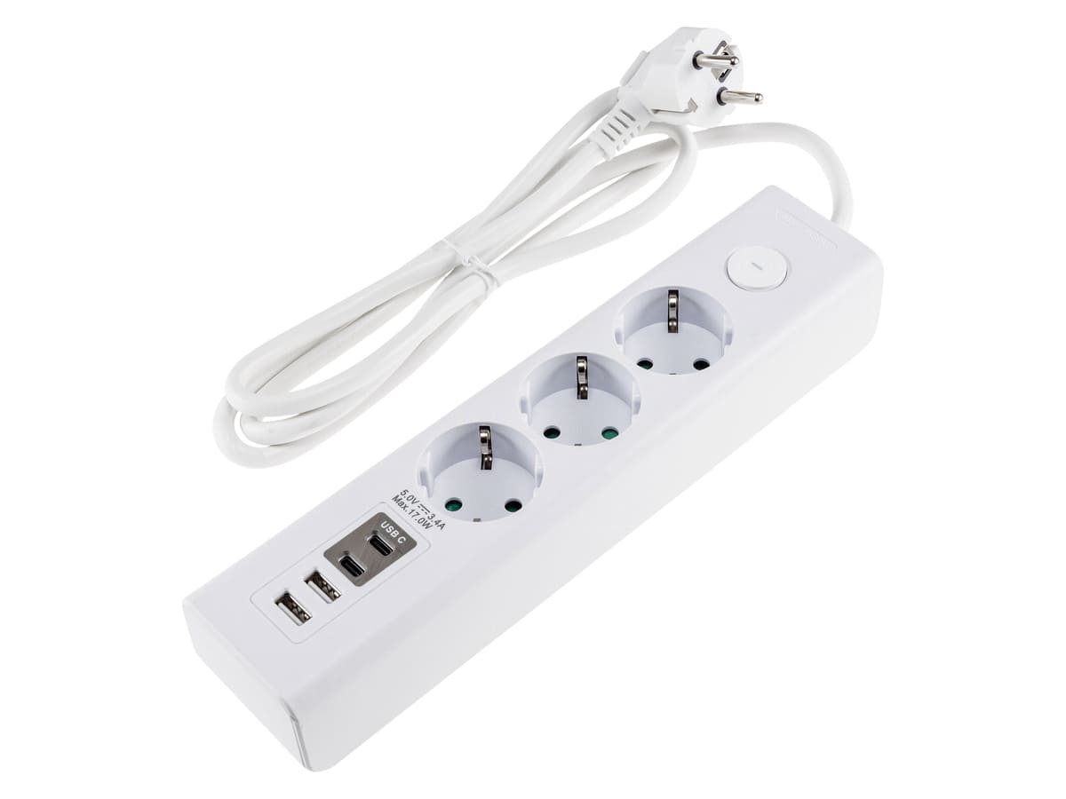 CHILITEC Steckdosenleiste, 3-fach, USB-A+C, 1,5 m Zuleitung, weiß von ChiliTec