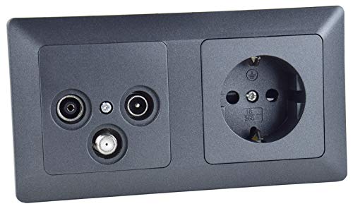 Milos Antennendose Steckdose 2-Fach Unterputz Kombination TV SAT Kabel 3-fach Anschlussdose Rahmen Schutzkontaktsteckdose mit Steckklemme Anthrazit Milos Antennendose Steckdose 2-Fach Unterputz Kombination TV SAT Kabel 3-fach Anschlussdose Rahmen Schutzkontaktsteckdose mit Steckklemme Anthrazit von ChiliTec