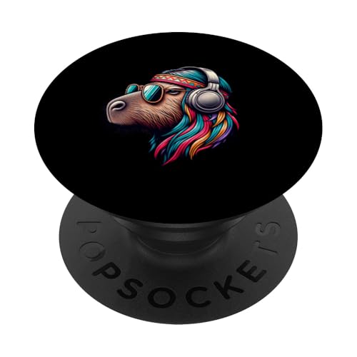 Groovy Capybara Vibes – Retro-Kopfhörer & Shades Art PopSockets Klebender PopGrip von Chill Critter Collective