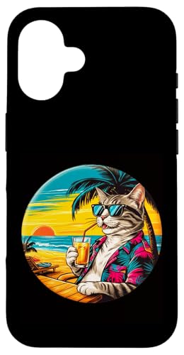 Coole Katze, Retro, Vintage, entspannend mit einem Getränk am Strand Hülle für iPhone 16 Coole Katze, Retro, Vintage, entspannend mit einem Getränk am Strand Hülle für iPhone 16 von Chillin Kitten Tropical Summer Clothing Co.