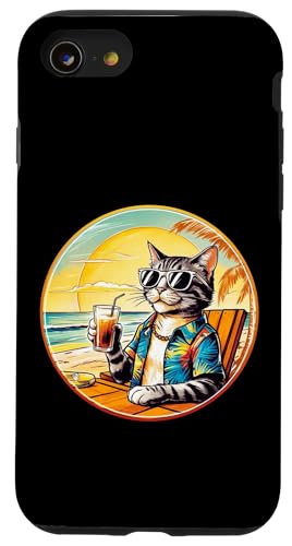 Coole Katze, Retro, Vintage, entspannend mit einem Getränk am Strand Hülle für iPhone SE (2020) / 7 / 8 von Chillin Kitten Tropical Summer Clothing Co.