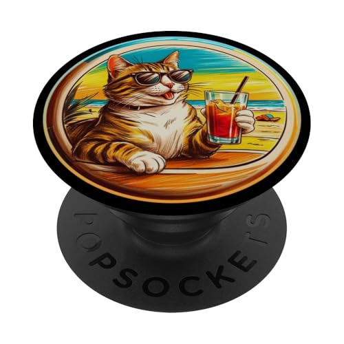 Coole Katze, Retro, Vintage, entspannend mit einem Getränk am Strand PopSockets Klebender PopGrip Coole Katze, Retro, Vintage, entspannend mit einem Getränk am Strand PopSockets Klebender PopGrip von Chillin Kitten Tropical Summer Clothing Co.