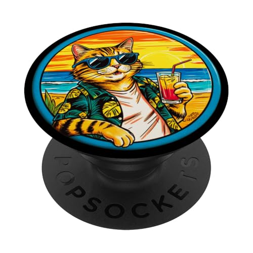 Coole Katze, Retro, Vintage, entspannend mit einem Getränk am Strand PopSockets Klebender PopGrip Coole Katze, Retro, Vintage, entspannend mit einem Getränk am Strand PopSockets Klebender PopGrip von Chillin Kitten Tropical Summer Clothing Co.