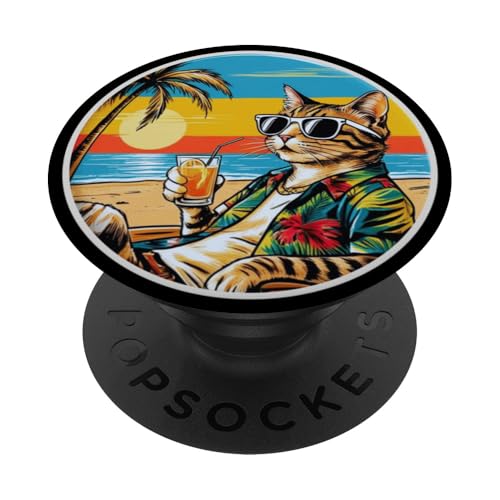 Coole Katze, Retro, Vintage, entspannend mit einem Getränk am Strand PopSockets Klebender PopGrip Coole Katze, Retro, Vintage, entspannend mit einem Getränk am Strand PopSockets Klebender PopGrip von Chillin Kitten Tropical Summer Clothing Co.