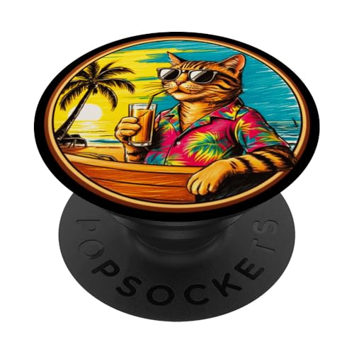 Coole Katze, Retro, Vintage, entspannend mit einem Getränk am Strand PopSockets Klebender PopGrip Coole Katze, Retro, Vintage, entspannend mit einem Getränk am Strand PopSockets Klebender PopGrip von Chillin Kitten Tropical Summer Clothing Co.