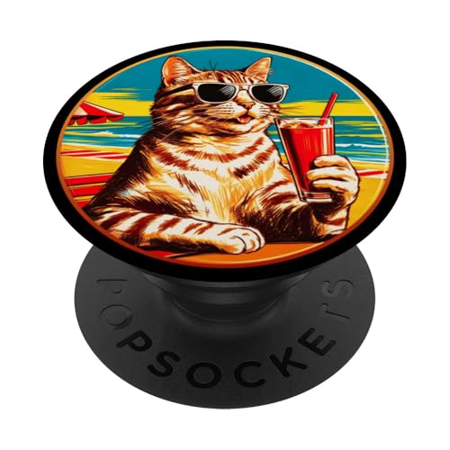 Coole Katze, Retro, Vintage, entspannend mit einem Getränk am Strand PopSockets Klebender PopGrip Coole Katze, Retro, Vintage, entspannend mit einem Getränk am Strand PopSockets Klebender PopGrip von Chillin Kitten Tropical Summer Clothing Co.