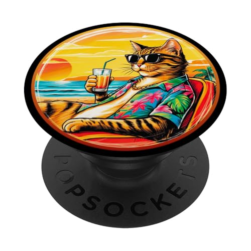 Coole Katze, Retro, Vintage, entspannend mit einem Getränk am Strand PopSockets Klebender PopGrip Coole Katze, Retro, Vintage, entspannend mit einem Getränk am Strand PopSockets Klebender PopGrip von Chillin Kitten Tropical Summer Clothing Co.