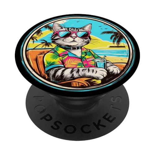Coole Katze, Retro, Vintage, entspannend mit einem Getränk am Strand PopSockets Klebender PopGrip Coole Katze, Retro, Vintage, entspannend mit einem Getränk am Strand PopSockets Klebender PopGrip von Chillin Kitten Tropical Summer Clothing Co.