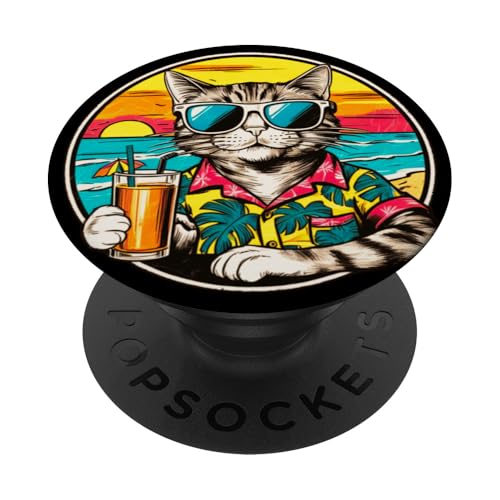 Coole Katze, Retro, Vintage, entspannend mit einem Getränk am Strand PopSockets Klebender PopGrip Coole Katze, Retro, Vintage, entspannend mit einem Getränk am Strand PopSockets Klebender PopGrip von Chillin Kitten Tropical Summer Clothing Co.