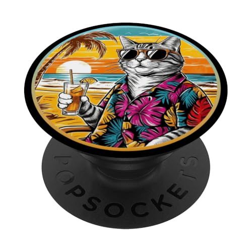 Coole Katze, Retro, Vintage, entspannend mit einem Getränk am Strand PopSockets Klebender PopGrip Coole Katze, Retro, Vintage, entspannend mit einem Getränk am Strand PopSockets Klebender PopGrip von Chillin Kitten Tropical Summer Clothing Co.