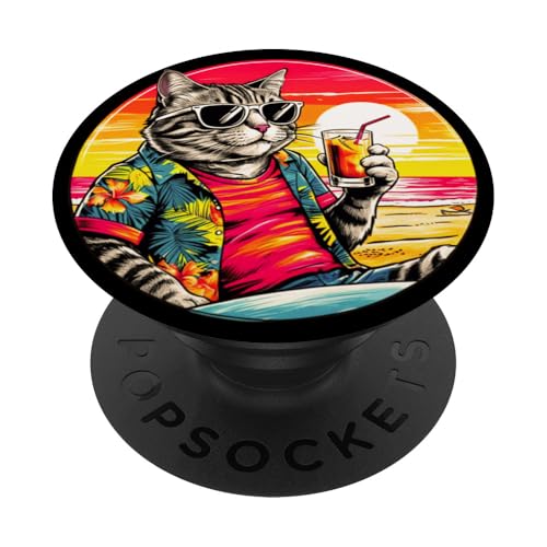 Coole Katze, Retro, Vintage, entspannend mit einem Getränk am Strand PopSockets Klebender PopGrip Coole Katze, Retro, Vintage, entspannend mit einem Getränk am Strand PopSockets Klebender PopGrip von Chillin Kitten Tropical Summer Clothing Co.