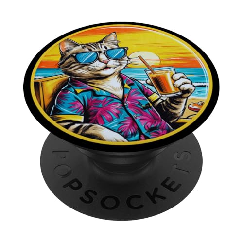 Coole Katze, Retro, Vintage, entspannend mit einem Getränk am Strand PopSockets Klebender PopGrip Coole Katze, Retro, Vintage, entspannend mit einem Getränk am Strand PopSockets Klebender PopGrip von Chillin Kitten Tropical Summer Clothing Co.
