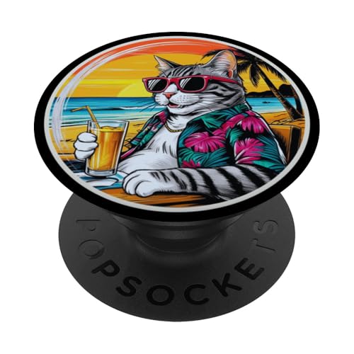 Coole Katze, Retro, Vintage, entspannend mit einem Getränk am Strand PopSockets Klebender PopGrip Coole Katze, Retro, Vintage, entspannend mit einem Getränk am Strand PopSockets Klebender PopGrip von Chillin Kitten Tropical Summer Clothing Co.