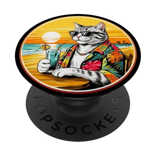 Coole Katze, Retro, Vintage, entspannend mit einem Getränk am Strand PopSockets Klebender PopGrip Coole Katze, Retro, Vintage, entspannend mit einem Getränk am Strand PopSockets Klebender PopGrip von Chillin Kitten Tropical Summer Clothing Co.