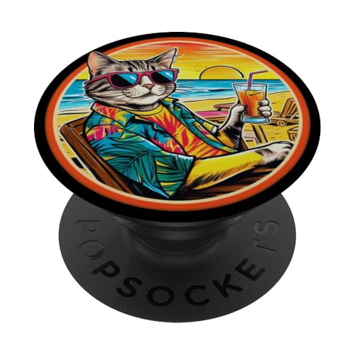 Coole Katze, Retro, Vintage, entspannend mit einem Getränk am Strand PopSockets Klebender PopGrip Coole Katze, Retro, Vintage, entspannend mit einem Getränk am Strand PopSockets Klebender PopGrip von Chillin Kitten Tropical Summer Clothing Co.