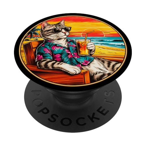 Coole Katze, Retro, Vintage, entspannend mit einem Getränk am Strand PopSockets Klebender PopGrip Coole Katze, Retro, Vintage, entspannend mit einem Getränk am Strand PopSockets Klebender PopGrip von Chillin Kitten Tropical Summer Clothing Co.