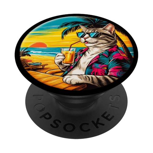 Coole Katze, Retro, Vintage, entspannend mit einem Getränk am Strand PopSockets Klebender PopGrip Coole Katze, Retro, Vintage, entspannend mit einem Getränk am Strand PopSockets Klebender PopGrip von Chillin Kitten Tropical Summer Clothing Co.