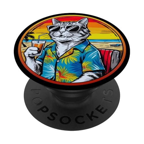 Coole Katze, Retro, Vintage, entspannend mit einem Getränk am Strand PopSockets Klebender PopGrip Coole Katze, Retro, Vintage, entspannend mit einem Getränk am Strand PopSockets Klebender PopGrip von Chillin Kitten Tropical Summer Clothing Co.