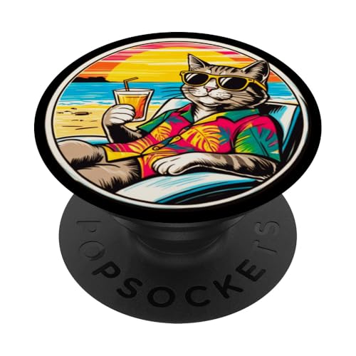 Coole Katze, Retro, Vintage, entspannend mit einem Getränk am Strand PopSockets Klebender PopGrip Coole Katze, Retro, Vintage, entspannend mit einem Getränk am Strand PopSockets Klebender PopGrip von Chillin Kitten Tropical Summer Clothing Co.