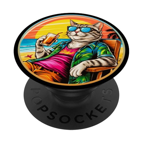 Coole Katze, Retro, Vintage, entspannend mit einem Getränk am Strand PopSockets Klebender PopGrip Coole Katze, Retro, Vintage, entspannend mit einem Getränk am Strand PopSockets Klebender PopGrip von Chillin Kitten Tropical Summer Clothing Co.