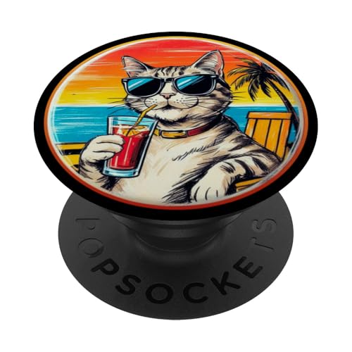 Coole Katze, Retro, Vintage, entspannend mit einem Getränk am Strand PopSockets Klebender PopGrip Coole Katze, Retro, Vintage, entspannend mit einem Getränk am Strand PopSockets Klebender PopGrip von Chillin Kitten Tropical Summer Clothing Co.