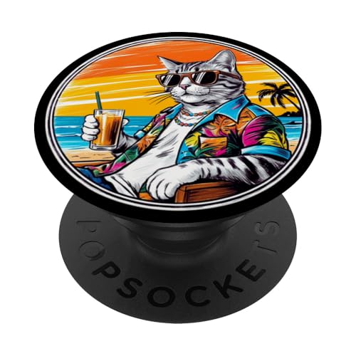 Coole Katze, Retro, Vintage, entspannend mit einem Getränk am Strand PopSockets Klebender PopGrip Coole Katze, Retro, Vintage, entspannend mit einem Getränk am Strand PopSockets Klebender PopGrip von Chillin Kitten Tropical Summer Clothing Co.