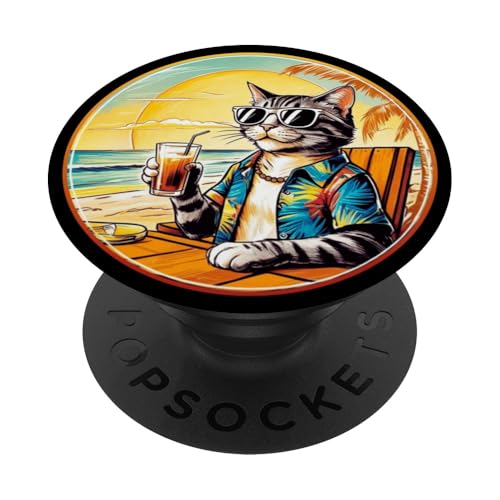Coole Katze, Retro, Vintage, entspannend mit einem Getränk am Strand PopSockets Klebender PopGrip Coole Katze, Retro, Vintage, entspannend mit einem Getränk am Strand PopSockets Klebender PopGrip von Chillin Kitten Tropical Summer Clothing Co.