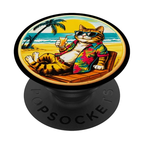 Coole Katze, Retro, Vintage, entspannend mit einem Getränk am Strand PopSockets Klebender PopGrip von Chillin Kitten Tropical Summer Clothing Co.