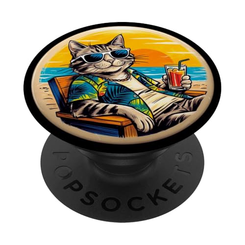 Coole Katze, Retro, Vintage, entspannend mit einem Getränk am Strand PopSockets Klebender PopGrip von Chillin Kitten Tropical Summer Clothing Co.
