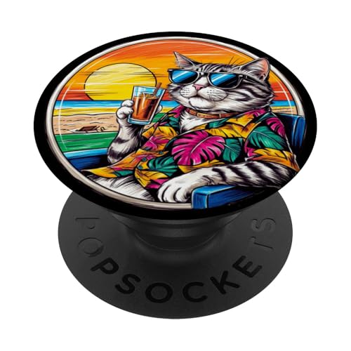 Coole Katze, Retro, Vintage, entspannend mit einem Getränk am Strand PopSockets Klebender PopGrip Coole Katze, Retro, Vintage, entspannend mit einem Getränk am Strand PopSockets Klebender PopGrip von Chillin Kitten Tropical Summer Clothing Co.