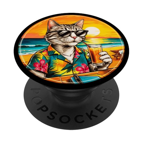 Coole Katze, Retro, Vintage, entspannend mit einem Getränk am Strand PopSockets Klebender PopGrip von Chillin Kitten Tropical Summer Clothing Co.