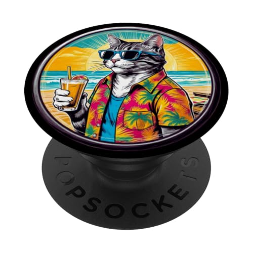 Coole Katze, Retro, Vintage, entspannend mit einem Getränk am Strand PopSockets Klebender PopGrip von Chillin Kitten Tropical Summer Clothing Co.