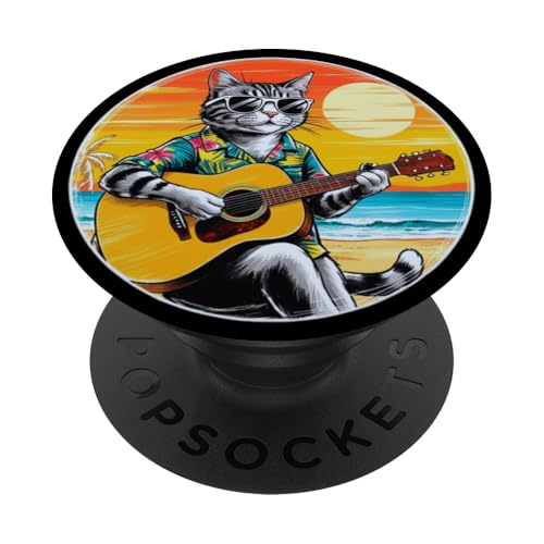 Lustige Katze spielt Gitarre am Strand PopSockets Klebender PopGrip Lustige Katze spielt Gitarre am Strand PopSockets Klebender PopGrip von Chillin Kitten Tropical Summer Clothing Co.