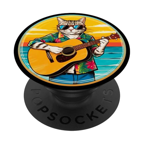 Lustige Katze spielt Gitarre am Strand PopSockets Klebender PopGrip Lustige Katze spielt Gitarre am Strand PopSockets Klebender PopGrip von Chillin Kitten Tropical Summer Clothing Co.