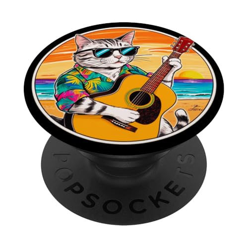Lustige Katze spielt Gitarre am Strand PopSockets Klebender PopGrip Lustige Katze spielt Gitarre am Strand PopSockets Klebender PopGrip von Chillin Kitten Tropical Summer Clothing Co.