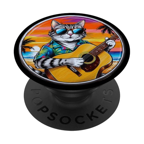 Lustige Katze spielt Gitarre am Strand PopSockets Klebender PopGrip Lustige Katze spielt Gitarre am Strand PopSockets Klebender PopGrip von Chillin Kitten Tropical Summer Clothing Co.