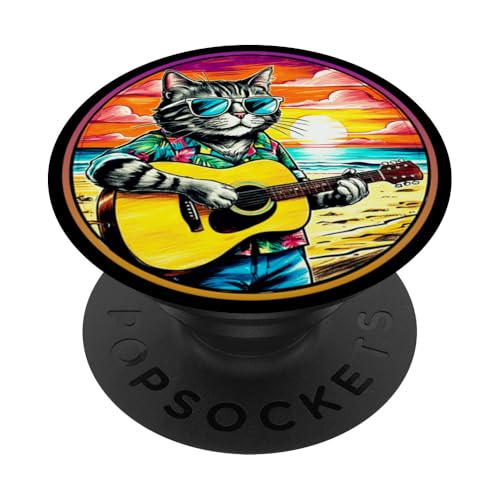 Lustige Katze spielt Gitarre am Strand PopSockets Klebender PopGrip Lustige Katze spielt Gitarre am Strand PopSockets Klebender PopGrip von Chillin Kitten Tropical Summer Clothing Co.